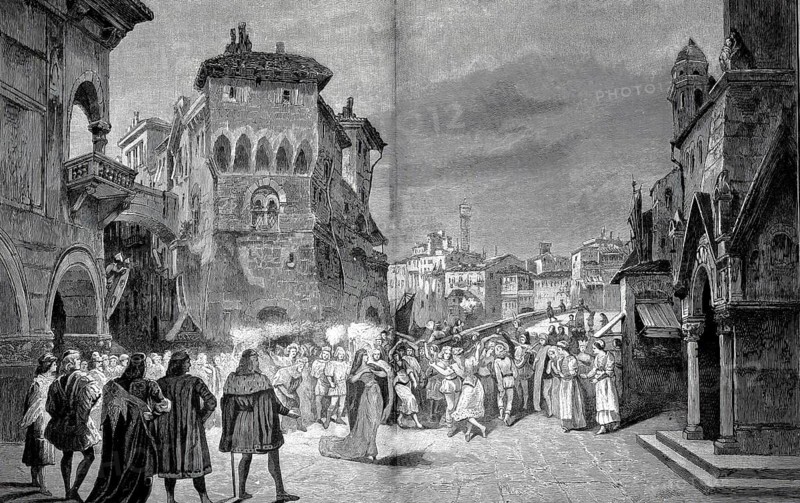 Scene from the premiere of Giuseppe Verdi's famous opera Don Carlos at the Paris Opera on March 11, 1867, Act 2, Medici, France, illustration, reproduction from a 19th-century model. Authentic, file restored for optimal use, exact date of submission unknown, historical