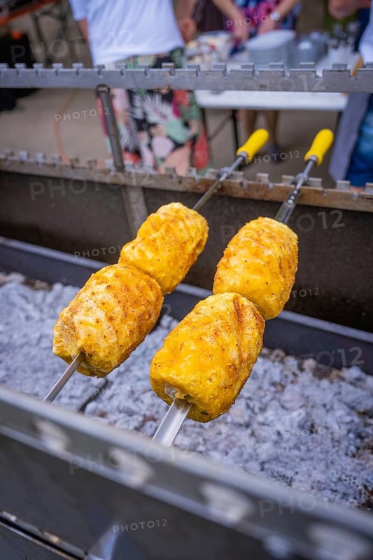Pineapples on skewers grilled over charcoal, Hochzeit, Grossglattbach, Germany