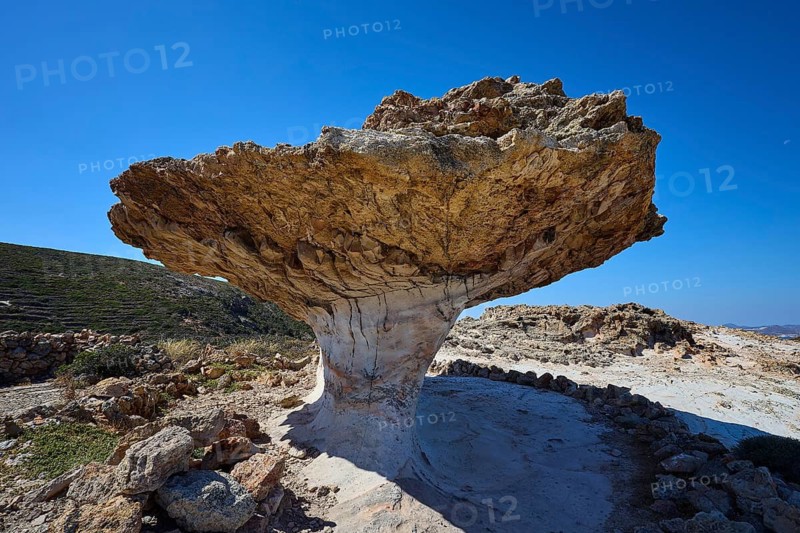 Impressive rock formation with dramatic presence under clear sky, mushroom rock, mushroom rock, bizarre rock, rock formation, Skiadi, Kimolos, Cyclades, Greek Islands, Greece