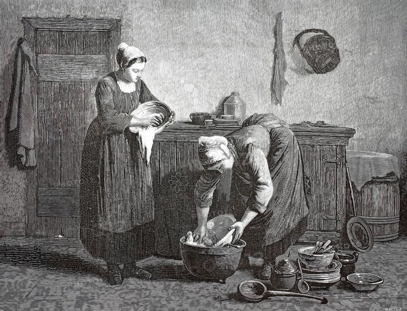 After dinner. Kitchen or service maids washing and scrubbing dishes in a historic kitchen. A woman stands bent over a large washing pan on the floor and scrubs a plate while the other woman stands by and dries the dishes with a towel, illustration, reproduction from a 19th-century model. Authentic, file restored for optimal use, exact date of submission unknown, historical