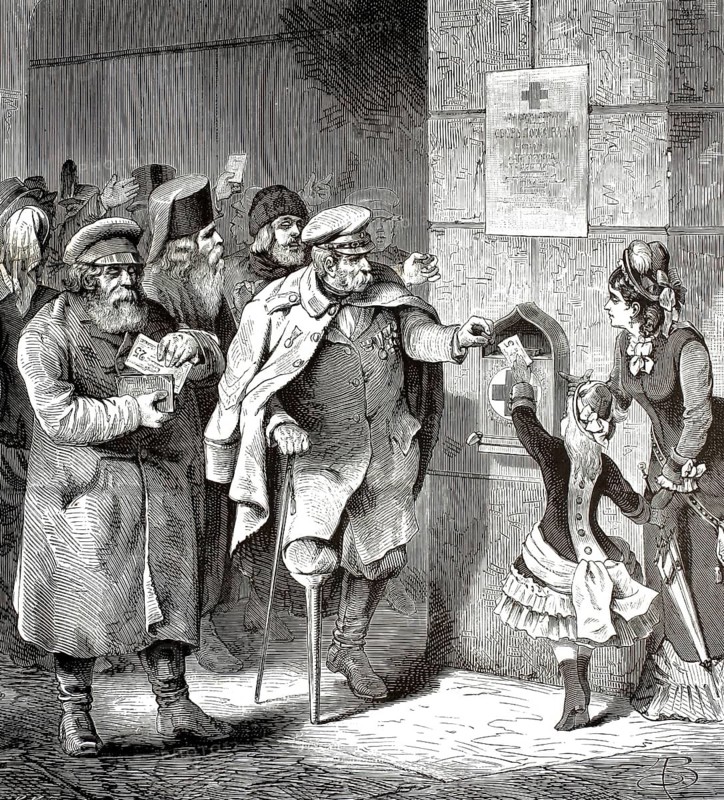 Humanitarian aid during the Russo-Omani Caucasus Conflict or the Russo-Turkish War (1877–1878) . A scene in which a wounded military veteran with a wooden leg drops a donation into a Red Cross collection box. An elegantly dressed lady and a little girl are supervising the fundraising campaign. The child is helping to deposit the money, illustration, reproduction of a 19th-century original. Authentic, file restored for optimal use, exact date of the original unknown, historical