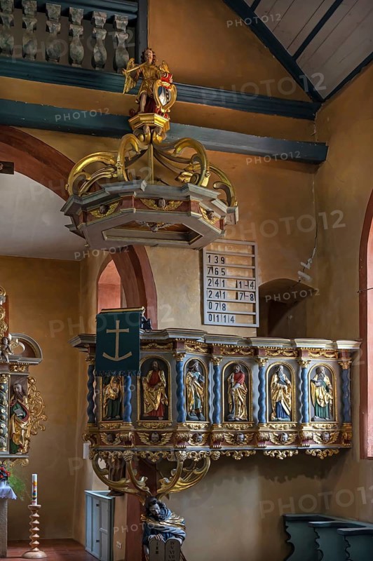 Pulpit from 1680, in the church of St. Peter and Paul, Ermreuth, Upper Franconia, Bavaria, Germany