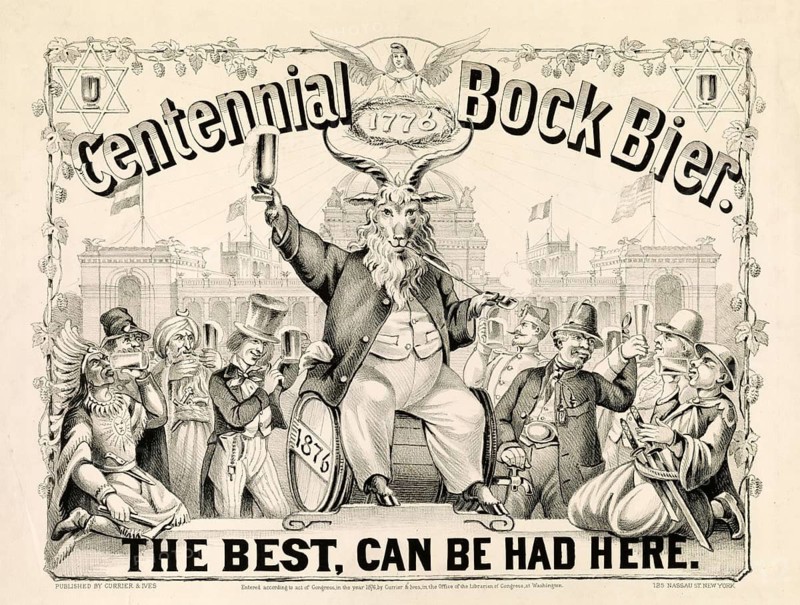 Advertising poster, beverage advertisement, Centennial buck beer print by Currier & Ives from 1876. The picture shows an anthropomorphic goat in human clothing sitting on a keg and drinking beer, authentic reproduction of a historical advertising poster, advertising sign, in high resolution