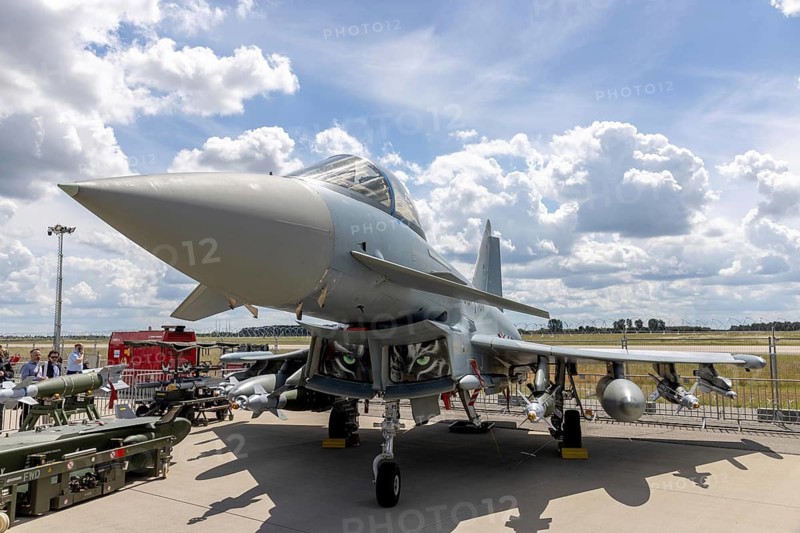 Eurofighter Typhoon with extensive armament. 4th-generation fighter aircraft. Countries of origin: United Kingdom, Germany, Italy and Spain – International Aerospace Exhibition (ILA), Berlin ExpoCenter Airport, Schönefeld, 11 June 2026