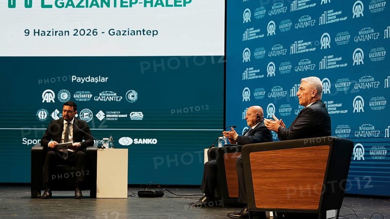 GAZIANTEP, TURKEY - JUNE 9, 2026: Turkish Minister of Trade Omer Bolat and Syrian Minister of Economy and Industry Mohammad Nidal al-Shaar participate in a panel discussion during the Anadolu City Economies Summit held in Gaziantep. The high-level event focuses on strengthening bilateral relations, cross-border trade, economic cooperation, and the reconstruction of Syria, Gaziantep, Turkey