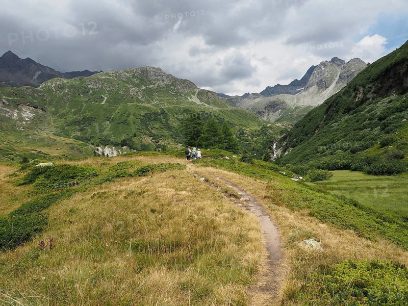 A hiking trail snakes through a mountainous landscape under cloudy sky, Binntal Landscape Park, Goms, Canton of Valais, Switzerland