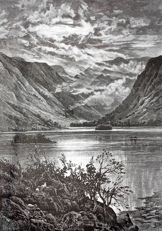 Ullswater, the second-largest lake in the English Lake District, England, illustration, reproduction from a 19th century model. Authentic, file restored for optimal use, exact date of submission unknown, historical