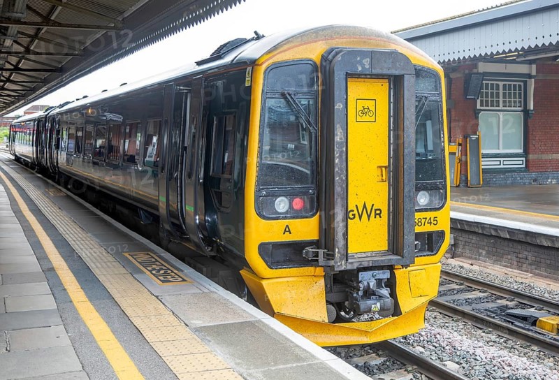 British Rail Class 158 Express Sprinter train diesel multiple 158745, Westbury railway station, Westbury, Wiltshire, England, UK