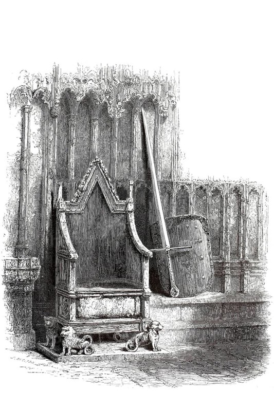 Coronation chair with shield and sword of Edward III in Westminster Abbey, Westminster Abbey, England, illustration, reproduction from a 19th century model. Authentic, file restored for optimal use, exact date of submission unknown, historical
