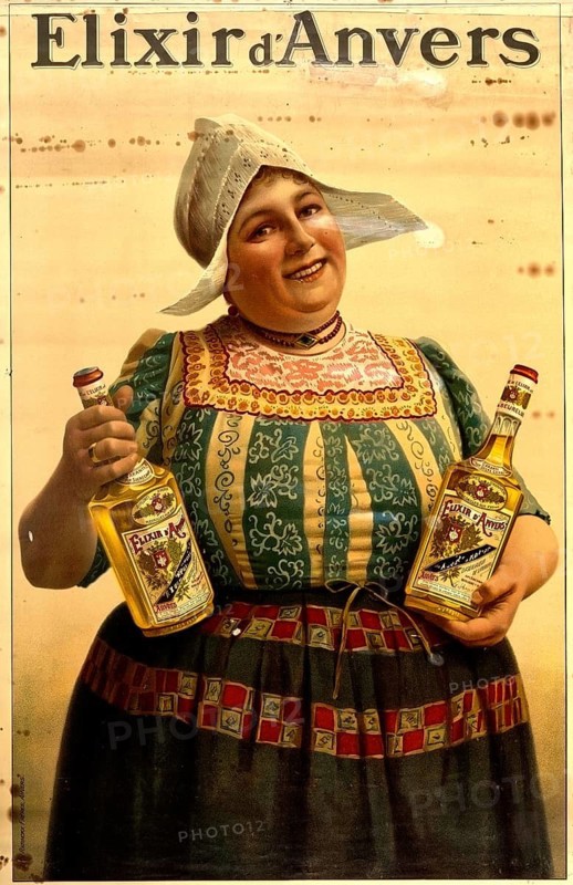 Advertising poster, beverage advertisement, poster promotes Elixir d'Anvers, a historic herbal liqueur, 1910. The illustration shows a woman in traditional Dutch or Belgian clothing, authentic reproduction of a historical advertising poster, advertising sign, in high resolution