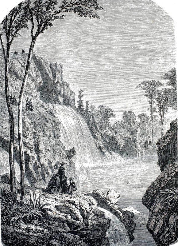 The most famous artificial water feature of the Bois de Boulogne, the Grande Cascade de Longchamp, monumental artificial water world around 1860, France, authentic, high-resolution reproduction from a 19th century model, exact date of presentation unknown, historical