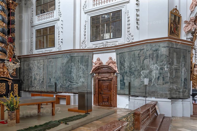 Interior of the parish church of the Assumption of Mary, on the right are fasting hangings on canvas painted on both sides in 1777 by Kremser Schmidt, the church is Baroque architecture of the 17th century, Garsten, Upper Austria