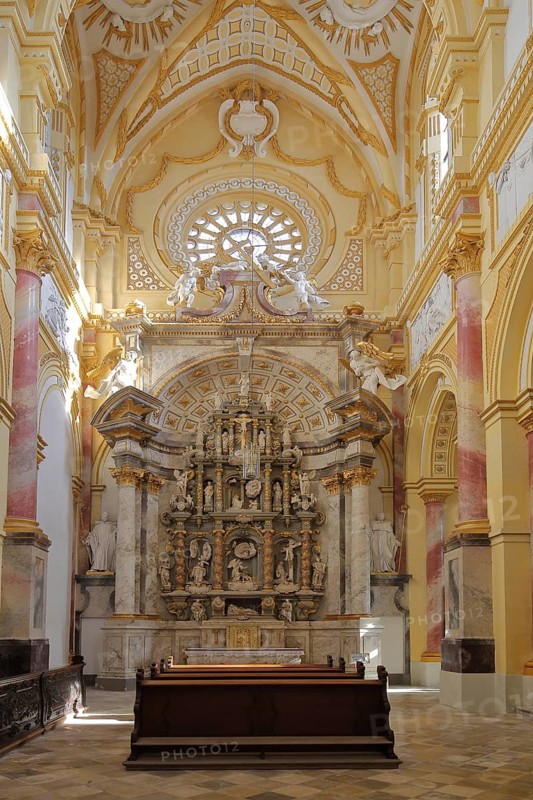 Baroque monastery church with altar, handicraft, interior view, former Cistercian abbey, monastery, Ebrach, Steigerwald, Lower Franconia, Franconia, Bavaria, Germany