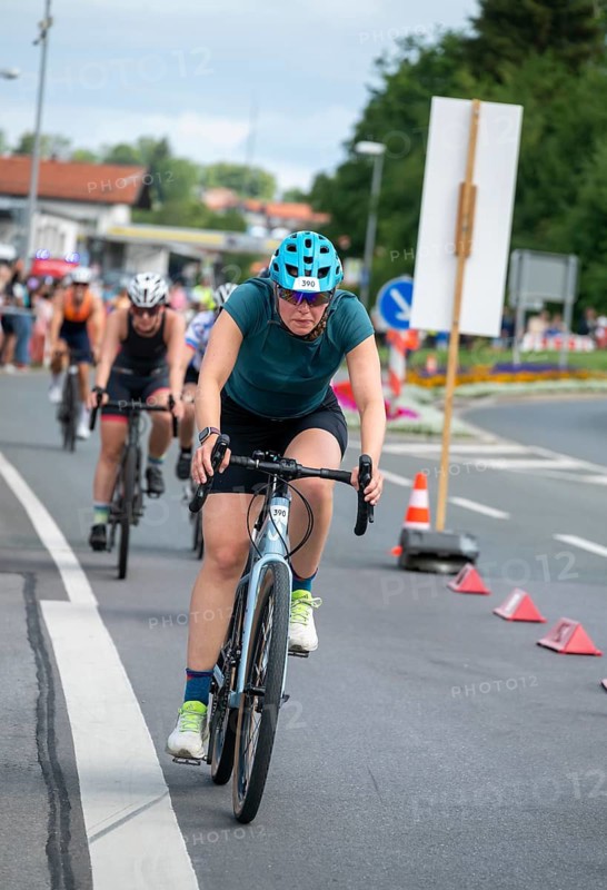Triathlon cycling, participant on the bike, Tegernsee Triathlon, Tegernsee, Upper Bavaria, Bavaria, Germany