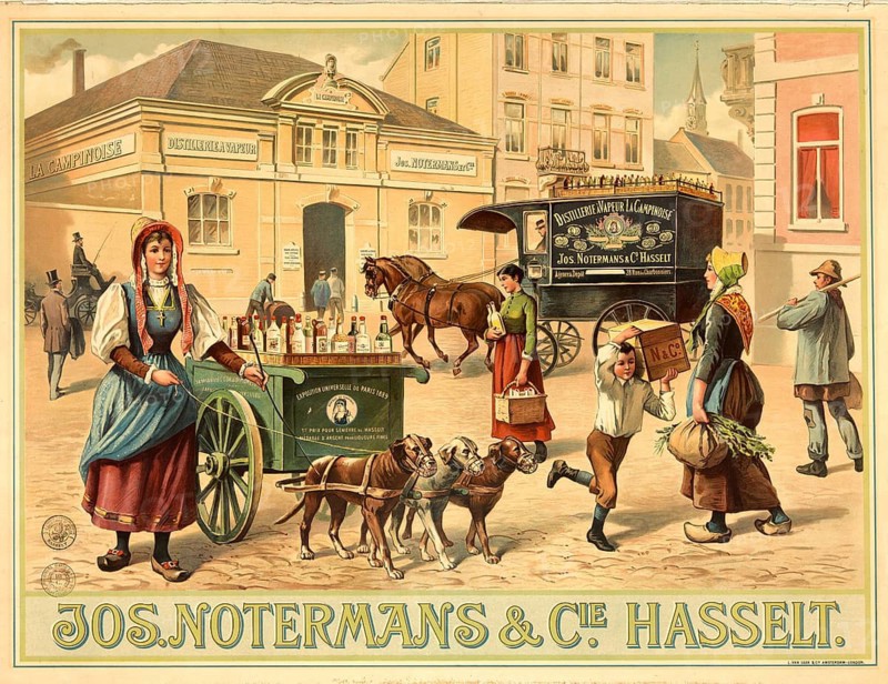 Advertising poster, beverage advertisement, advertising lithograph for the Jos Distillery. Notermans & C° Hasselt from 1889. The scene illustrates the transport of goods, such as Jenever, by means of dog-drawn wagons in Belgium and the Netherlands at the turn of the century. The poster design presents people in traditional clothing, dogs pulling a cart with bottles, and a horse-drawn carriage in front of a distillery building, authentic reproduction of a historical advertising poster, advertising sign, in high resolution