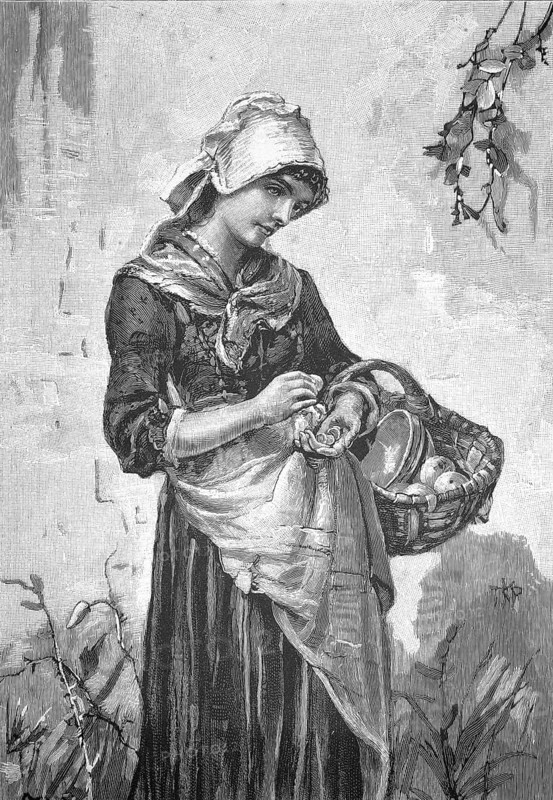 Woman in traditional, rural clothing holding a woven fruit basket. She carries a large wicker basket in her arms, which is filled with fruit and bowls. In her hand she holds a single fruit or counts coins, authentic, high-resolution reproduction from a 19th century original, exact date of presentation unknown, historical