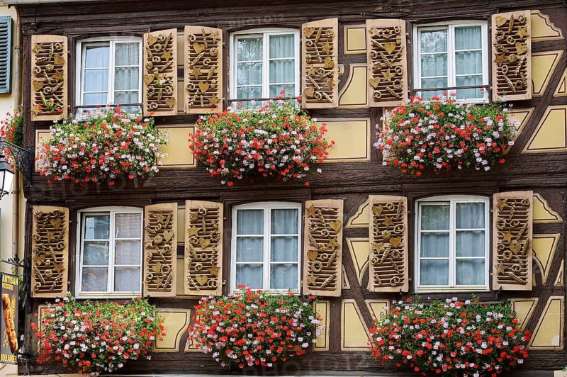 Bakery, façade with windows and decorated shutters, Colmar, Haut-Rhin, Alsace, Grand Est, France