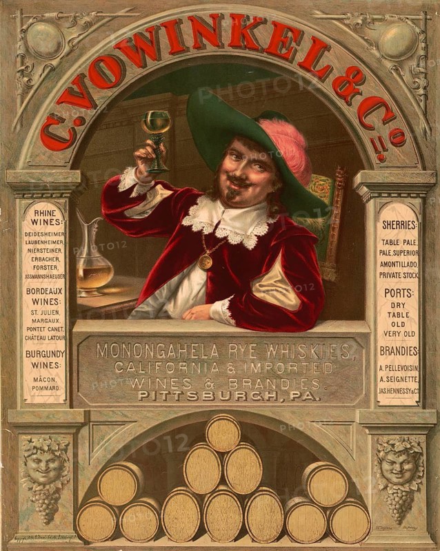 Advertising poster, beverage advertisement, advertising poster for the liquor store C. Vowinkel & Co. from Pittsburgh, PA, depicting a man in historic clothing with a glass. The poster promotes Monongahela Rye Whiskies as well as various wines and spirits. It depicts a smiling man in a green hat inviting the viewer to try a drink, authentic reproduction of a historical advertising poster, advertising sign, in high resolution
