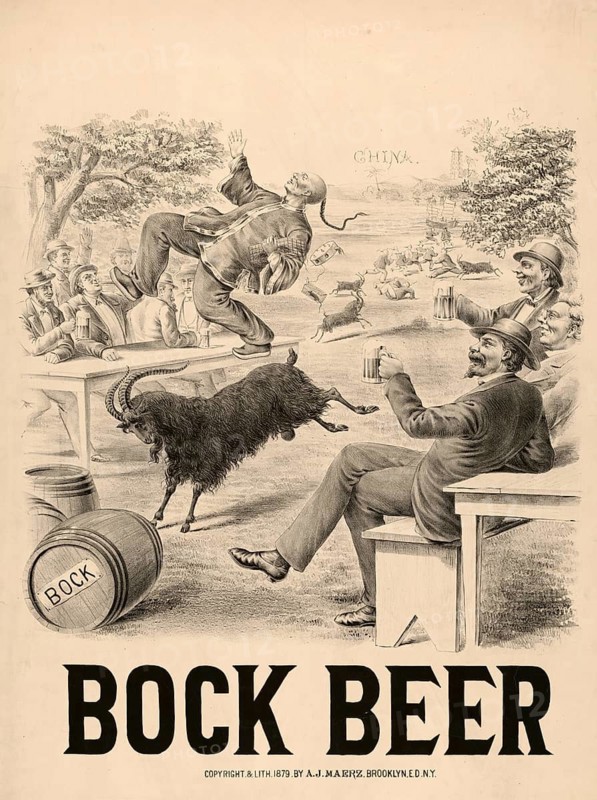 Advertising poster, beverage advertisement, US advertising poster for bock beer from 1879. The cartoon depicts a goat attacking a Chinese immigrant while white Americans are having fun drinking drunk in the foreground, authentic reproduction of a historical advertising poster, advertising sign, in high resolution