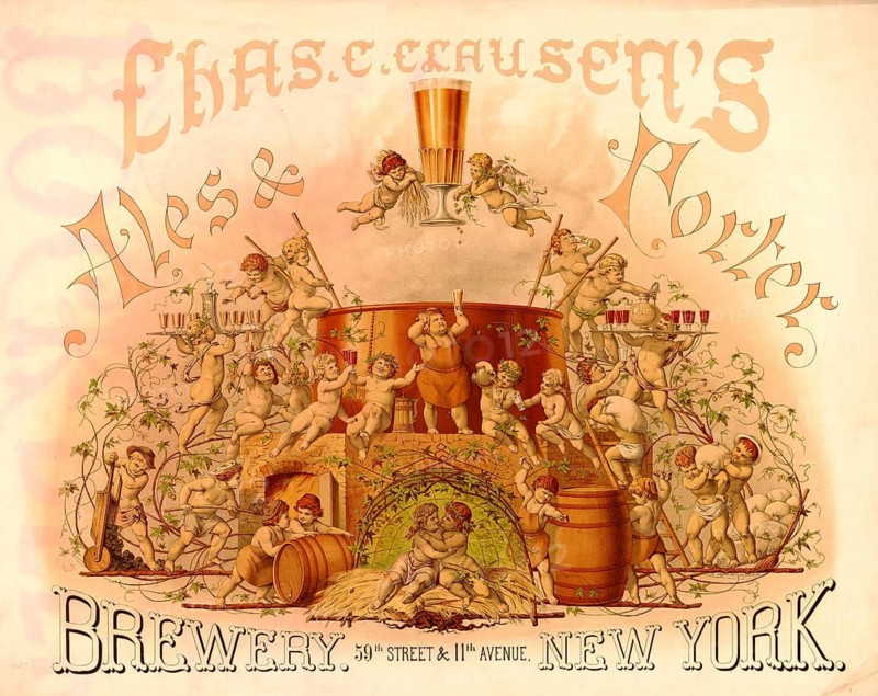 Advertising poster, beverage advertisement, advertising poster for Chas. C. Clausen's Ales & Porter Brewery from 1877. The artwork depicts a scene with angels, cherubs brewing and serving beer, authentic reproduction of a historic advertising poster, advertising sign, in high resolution