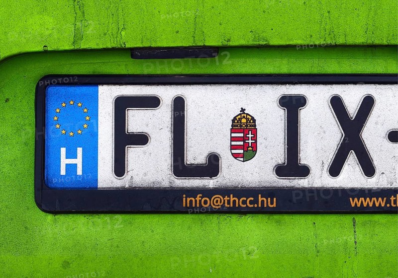 Car license plate FL IX of a FlixBus from Hungary with the characteristic green color, detail, Cologne, North Rhine-Westphalia, Germany