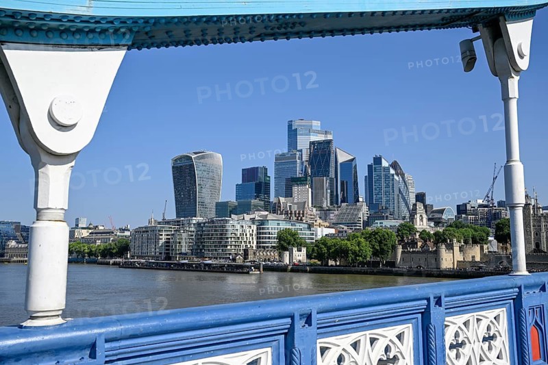 View from Tower Bridge of the City of London skyline with the Tower of London and skyscrapers such as the Walkie Talkie, London, England, Great Britain, Great Britain