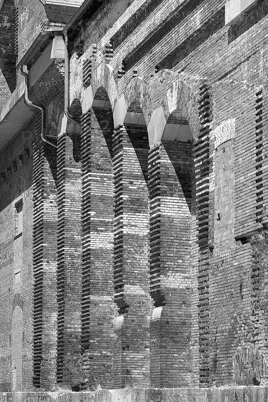 Detailed view of the masonry of the Congress Hall in the courtyard, unfinished National Socialist monumental building on the Reichsparteitag grounds, black and white, Nuremberg, Middle Franconia, Bavaria, Germany
