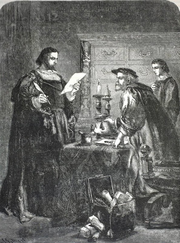 A theatrical portrayal by John Gilbert (1792–1849) . The banker, Roberto Di Recanati, on the left, stands upright, steady and commanding. He embodies the formal power of the contract. Opposite him, the older man leans forward, either imploringly or under duress, signalling dependence and urgency. The open chest on the floor, overflowing with sealed scrolls, anchors the scene within the context of law, contracts or family secrets, an authentic, high-resolution reproduction of a 19th-century original, exact date of the depiction unknown, historical