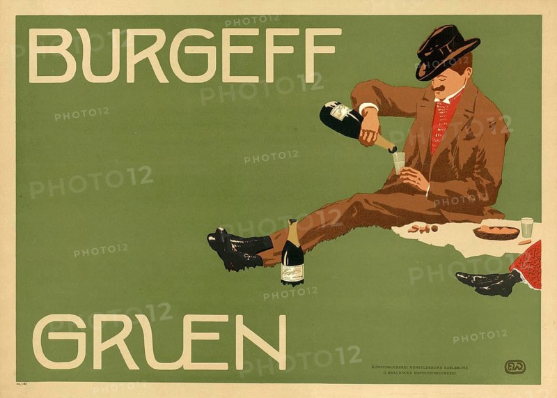 Advertising poster, beverage advertisement, advertising poster for Burgeff Grün sparkling wine from 1901 by Ernst Wiemann, a German graphic artist. The motif shows a relaxed picnic scene with a man in a suit and hat pouring sparkling wine, authentic reproduction of a historical advertising poster, advertising sign, in high resolution
