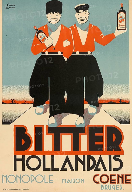 Advertising poster, beverage advertisement, advertising poster from 1932 promotes Bitter Hollandais by Maison Coene from Bruges. The design features two stylized men wearing hats holding bottles of alcoholic beverage, authentic reproduction of a historic advertising poster, advertising sign, in high resolution