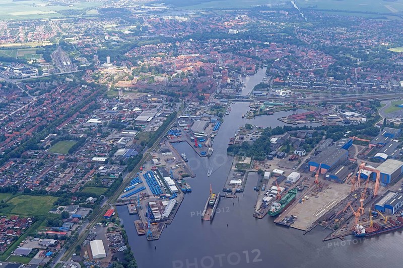 Aerial view, harbor, Emden, East Frisia, Lower Saxony, Germany