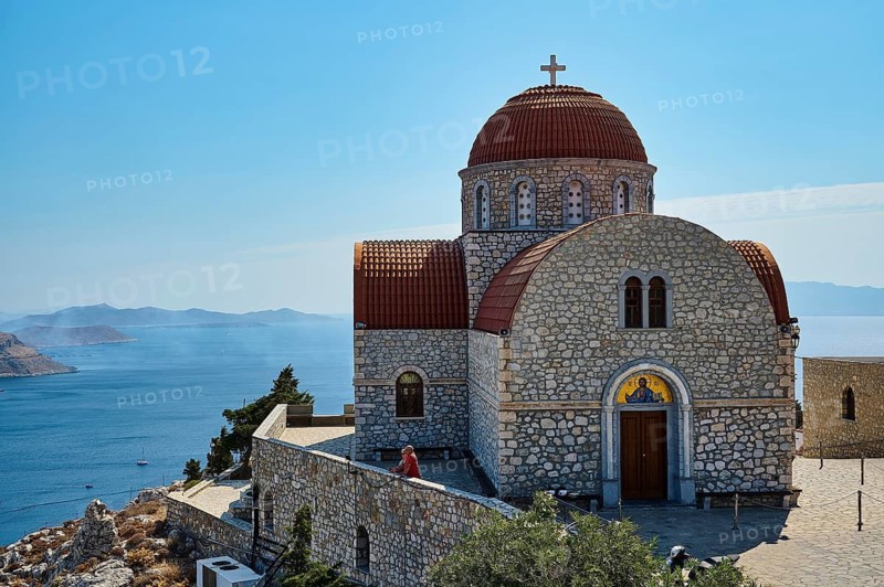 Agiou Sarvas monastery, Agion Pandon church, stone church with dome on an elevation overlooking the sea, Pothia, main town, port, Kalymnos, Sponge Diving Island, Dodecanese, Greek Islands, Greece