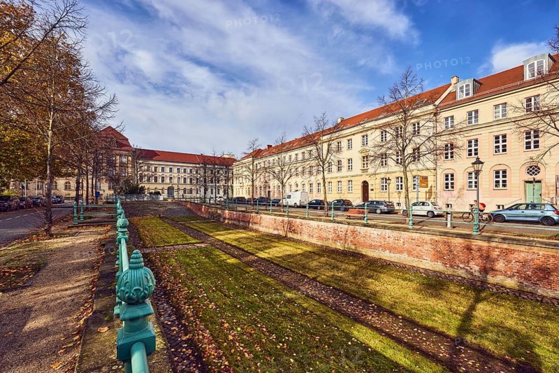 Old city canal, drained historic canal, historic residential buildings, residential buildings, rental house, lantern, metal railings, bare winter trees, blue sky, cumulus clouds, cirrus clouds, Yorckstraße, Potsdam, state capital, district-free city, Brandenburg, Germany
