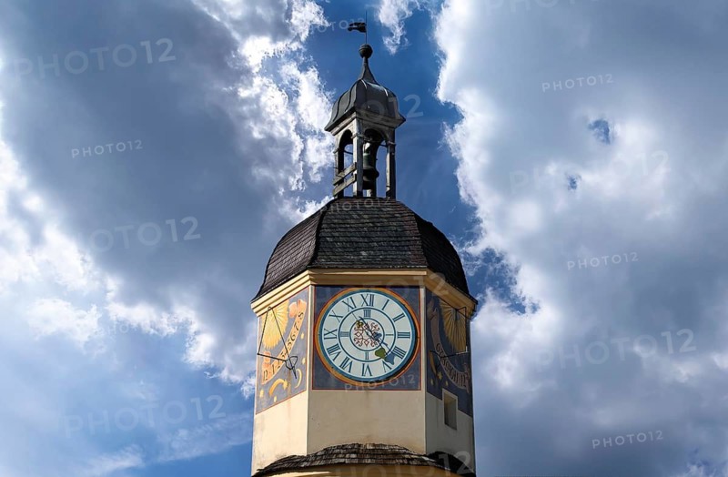 Detail of the old clock tower, 16th century, on the Burghausen castle complex, Burghausen, Upper Bavaria, Germany