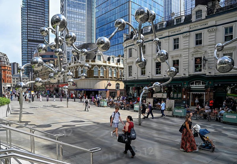 Infinite Accumulation sculpture by Japanese artist Yayoi Kusama, reflecting spheres, at Liverpool Street Station, Broadgate District, City of London, England, Great Britain, Great Britain