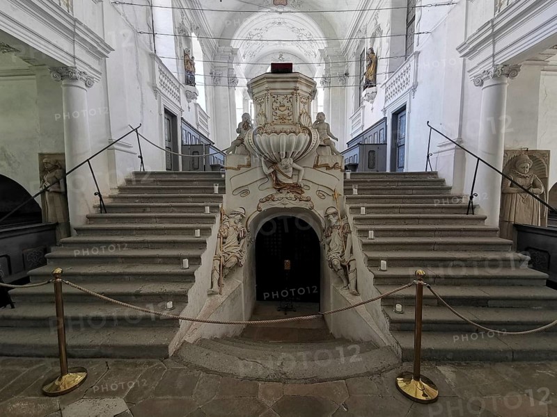 Entrance to the crypt and pulpit in the baroque castle church of St. Michael in the Castle, Harburg, Donau-Ries district, Swabia, Bavaria, Germany