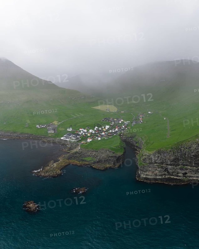 Aerial view of Gjogv, Faroe Islands