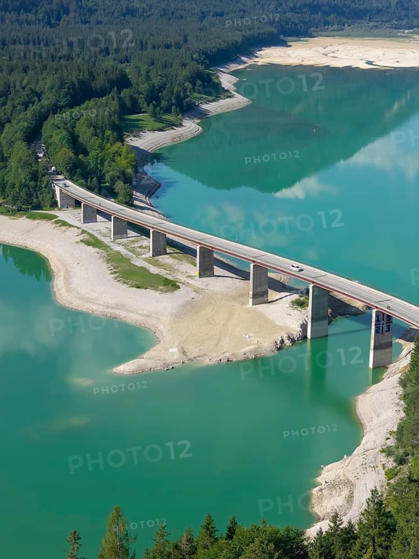 Mountain lake, mountains, reflection, sunny, summer, drought, low water, drought, bridge, road, cars, aerial view, August 2026, Sylvenstein Dam, Sylvensteinsee, Isar, Lenggries, Bavarian Alps, Bavaria, Germany