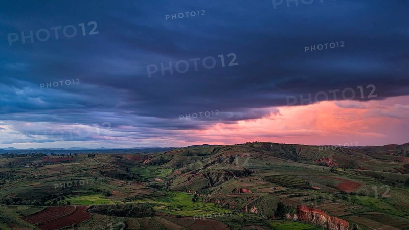 Aerial view of Madagascar highlands at sunset