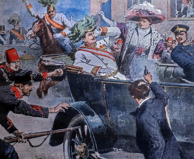 Illustration depicting Gavrilo Princip, member of the Black Hand organisation killing Archduke Franz Ferdinand of Austria in Sarajevo on June 28, 1914