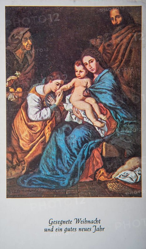 Old German Christmas and New Year card showing the Holy Family, religious motif