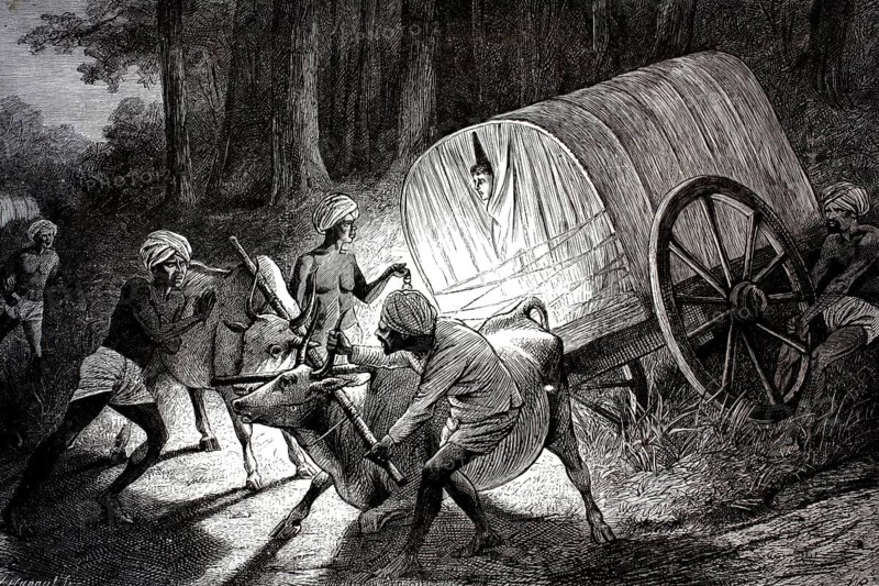 Scene showing men manoeuvring an ox-drawn covered wagon (Bandy) through a wooded area in Travancore, India, 1880, illustration, reproduction of a 19th-century original. Authentic, file restored for optimal use, exact date of the original unknown, historical