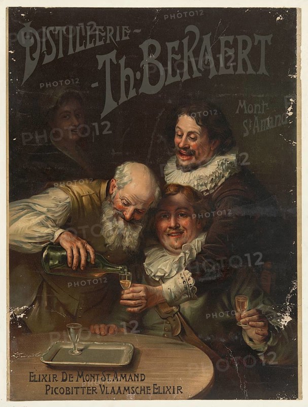 Advertising poster, beverage advertisement, advertising poster for Distillery Th. Bekaert from Mont-St. Amand, 1905, promotes Elixir de Mont St. Amand and Picobitter Vlaamsche Elixir. It depicts a convivial scene in a tavern with men in 16th century clothing, authentic reproduction of a historical advertising poster, advertising sign, in high resolution