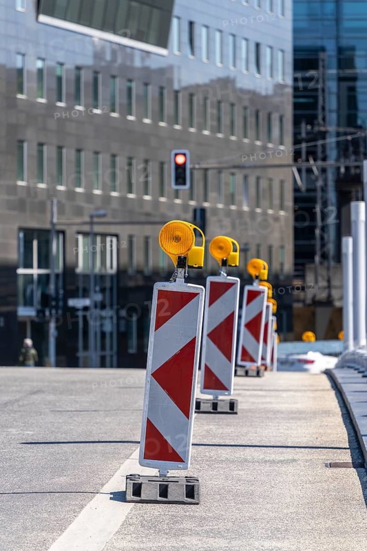 Warning barges at a road construction site on the Crown Prince Bridge in Berlin's government district, Berlin, Germany