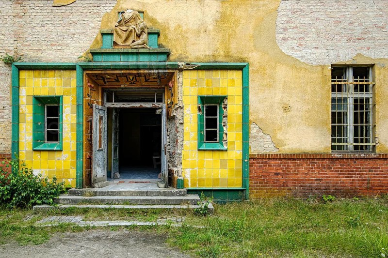 Dilapidated portal in a dilapidated building in the complex of the former Pulmonary Hospital and Lost Place Heilstätte Grabowsee, Oranienburg, Brandenburg, Germany