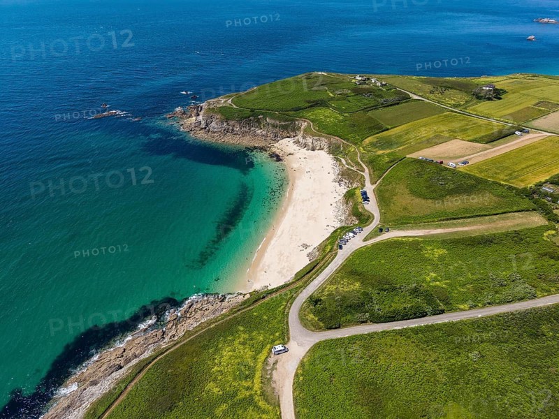 Aerial view of the beach, sandy beach Plage de Corsen east of Pointe Corsen, a cape at the westernmost point of continental France on the Breton coast, Commune Plouarzel, Finistère, Brittany, France