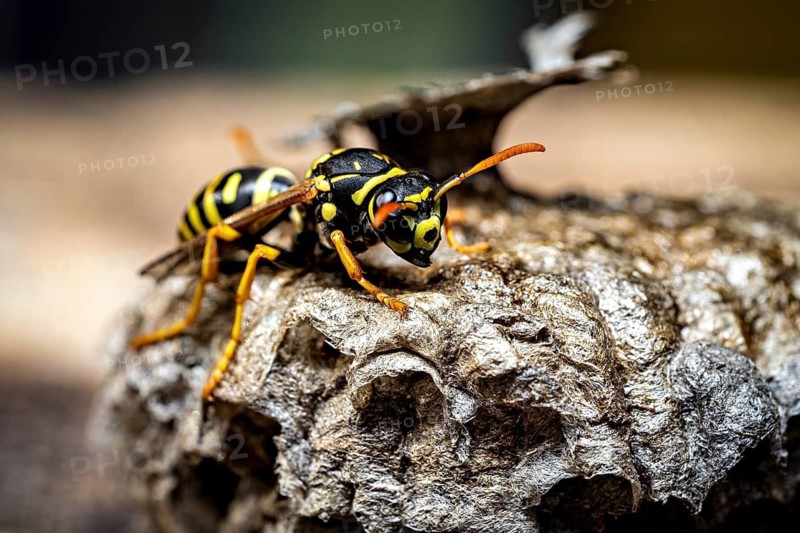 A yellow and black wasp perched on a nest, captured in a close-up, field wasps on their abandoned nest near Herleshausen, Germany (Polistinae)