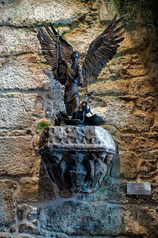 Interior view, bronze sculpture of Saint Michael with the Devil, by Lyn Constable Maxwell, chapel, St Michael's Mount, Cornwall, England, Great Britain, Great Britain