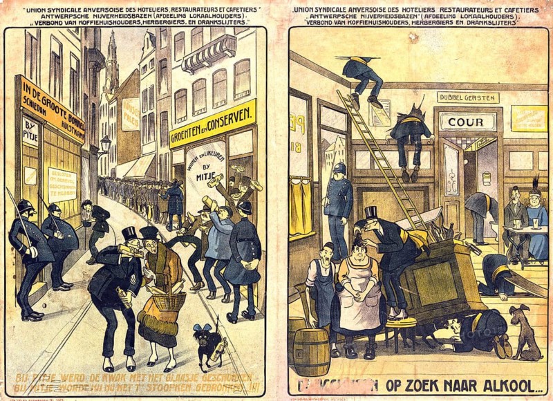 Advertising poster, beverage advertising, caricature addresses the Belgian Vanderveld Act of 1919, which prohibited the sale of spirits in small quantities in cafés. The scene on the left shows a long queue outside a grocery store, where customers drink their schnapps straight out of the jug. The right side illustrates how tax officials, tax officials turn cafes upside down in search of illegal alcohol. The picture was published by the Antwerp Catering Association to protest against the effects of the law, authentic reproduction of a historical advertising poster, advertising sign, in high resolution