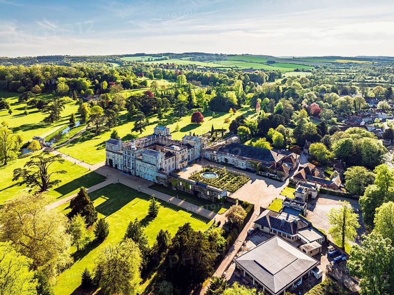 Wilton House from a drone, Wilton, River Nadder, Salisbury, Wiltshire, England, United Kingdom